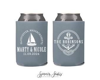 Wedding Can Cooler #261R - Nautical Wedding - Custom - Wedding Favors, Beverage Insulator, Beer Hugger, Wedding Favors, Beer Holder, Classy