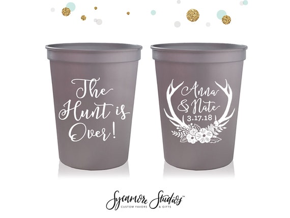 The Hunt is Over - Antlers - Wedding Stadium Cups #71 - Custom - Bridal Wedding Favors, Wedding Cups, Party Cup, Wedding Reception Gifts