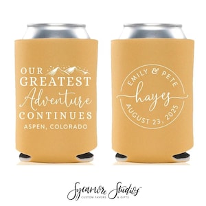 Our Greatest Adventure Continues - Wedding Can Cooler #163R - Custom - Wedding Favors, Wedding Favor, Party Favors, Custom Wedding Gift