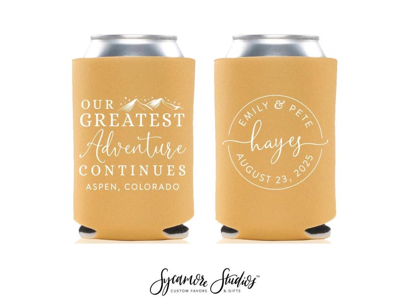 Our Greatest Adventure Continues - Wedding Can Cooler #163R - Custom - Wedding Favors, Wedding Favor, Party Favors, Custom Wedding Gift image 1