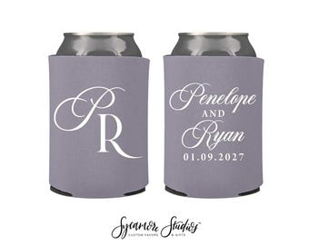 Wedding Can Cooler #320R - Formal Monogram - Custom - Wedding Favors, Beverage Insulators, Beer Huggers, Wedding Favor, Drink Can Coolers