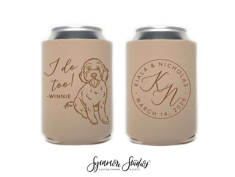 Wedding Can Cooler 234R Custom Pet Illustration Monogram Wedding Favors, Beverage Holder, Wedding Favor, Can Holder, Can Insulator image 1