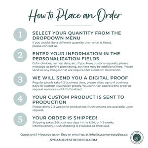 May include: An informational graphic titled "How to Place an Order" with numbered steps. The steps include selecting quantity, entering personalization details, receiving a digital proof, product production, and shipping. The text is in a teal script font.
