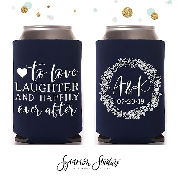 Enfriador de latas para bodas n.° 130R - Para amar la risa y ser felices para siempre - Personalizado - Regalos de boda, regalos de fiesta, regalos para cerveza, regalos de boda