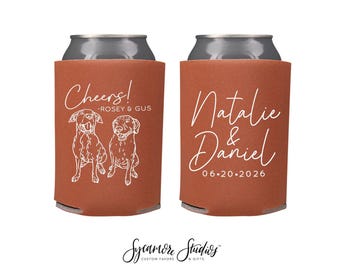 Wedding Can Cooler #213R - Custom Pet Illustration - Cheers - Wedding Favors, Beverage Holder, Wedding Favor, Can Holder, Can Insulator