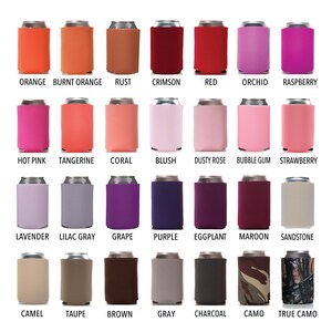 May include: A variety of 24 different colored can coolers, including orange, red, pink, purple, gray, brown, and camo. The coolers are arranged in four rows of six coolers each.