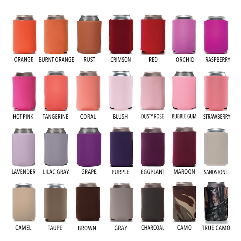 May include: A variety of 24 different colored can coolers, including orange, red, pink, purple, gray, brown, and camo. The coolers are arranged in four rows of six coolers each.