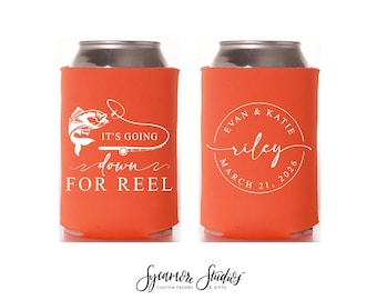 Enfriadores de latas personalizados para bodas – Fundas para bebidas con temática de pesca “Atado y Encordado” – Recuerdos rústicos para bodas campestres – Diseño n.° 350R