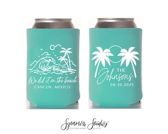 We Did It On The Beach - Wedding Can Cooler #95R - Personalized and Custom - Bridal Wedding Favors, Beach wedding Favors, Beach Wedding