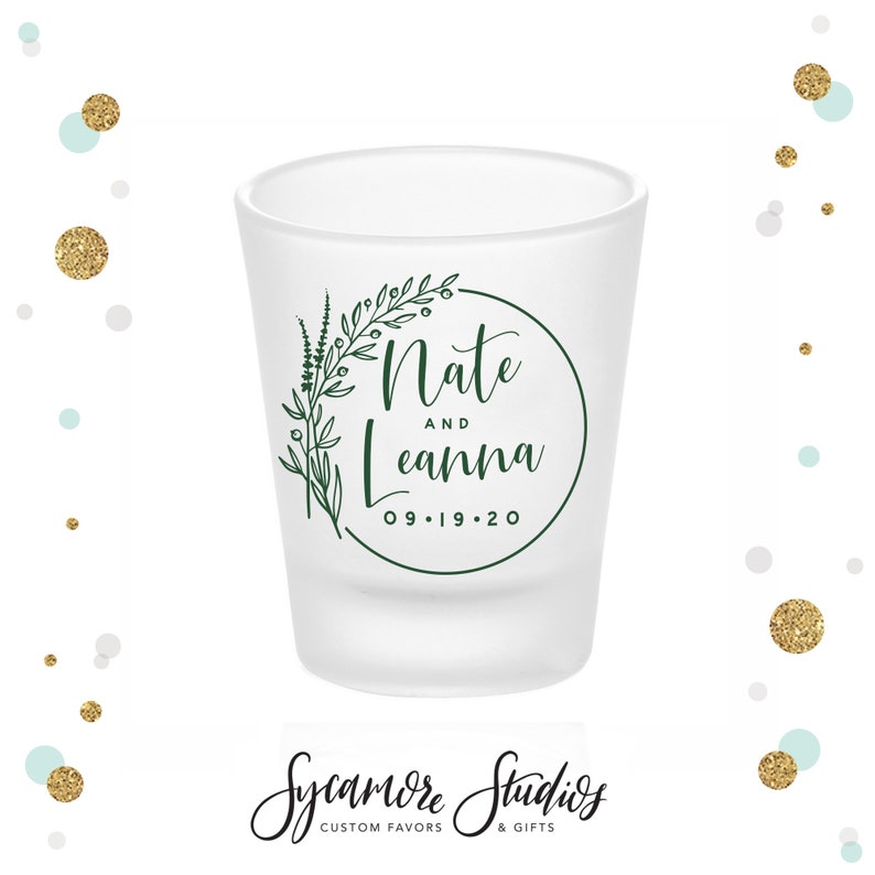 Botanical Monogram Frosted Shot Glass 56F Wedding Favors, Bridal Wedding Favor, Wedding Shot Glass, Custom Shot Glasses, Wedding Favor image 1