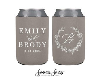 Floral Wreath Monogram - Neoprene Wedding Can Cooler #211N - Custom - Wedding Favors, Can Coolers, Beer Holder, Party Favor, Wedding Favor