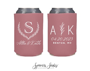 Wedding Can Cooler #202R - Wreath Monogram - Custom - Wedding Favors, Beverage Insulators, Beer Huggers, Wedding Favor, Drink Can Coolers