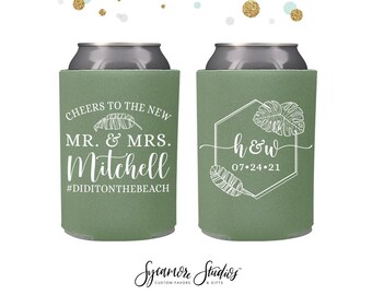 Wedding Can Cooler #167R - Cheers to The Mr and Mrs - Custom - Destination Wedding, Wedding Favors, Wedding Favor, Beer Holder, Tropical