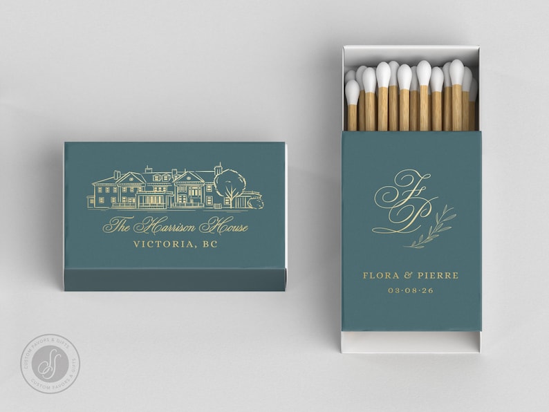 May include: Two teal matchboxes. One closed with a gold illustration of a house and text "The Harrison House, Victoria, BC". The other open, with matches and gold text "Flora & Pierre, 03-08-26".