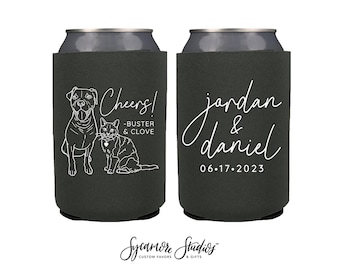 Neoprene Wedding Can Cooler #213N - Custom Pet Illustration - Cheers-  Wedding Favors, Beer Holder, Party Favors, Can Coolers, Dog Hugger