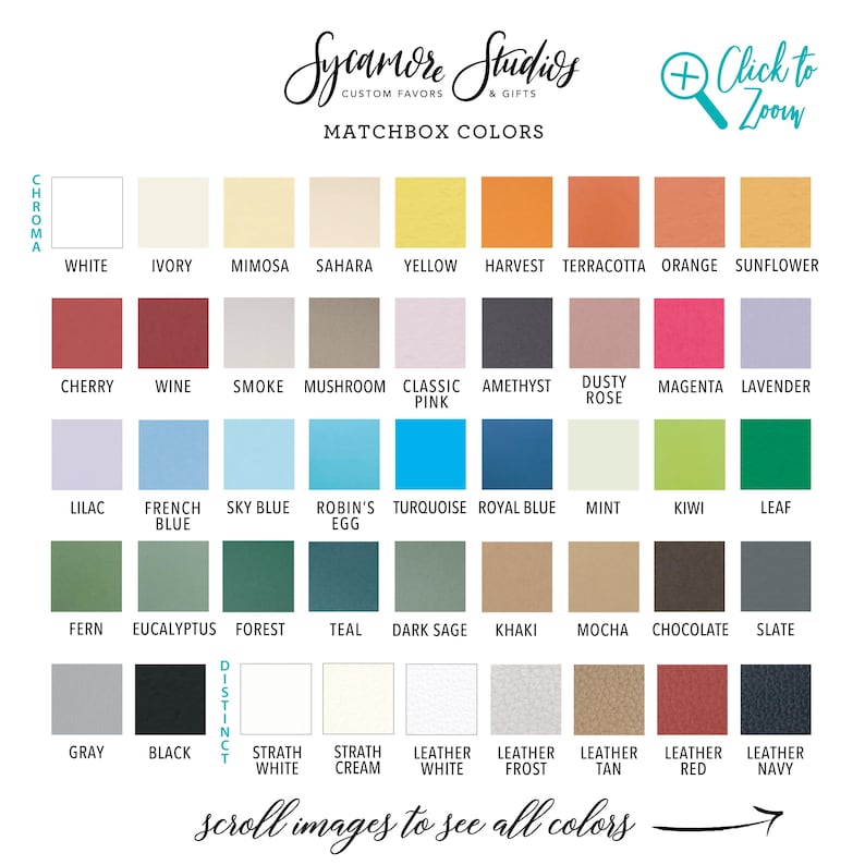 May include: A color chart featuring a variety of hues for matchboxes. The chart includes colors like white, ivory, mimosa, and sahara. Other colors include cherry, wine, smoke, and mushroom. The text "Sycamore Studios" is at the top.