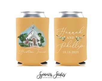 Wedding Can Cooler #9FR - Full Color - Custom Watercolor Venue - Venue Can Coolers, Wedding Favors, Beer Huggers, Wedding Favor, Beer Holder