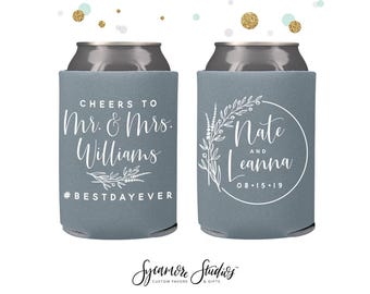 Cheers to The Mr and Mrs - Wedding Can Cooler #140R - Custom - Wedding Favors, Beverage Insulators, Beer Huggers, Wedding Favor, Beer Holder