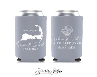 State Wedding - Sea Shell Beach Wedding - Wedding Can Cooler #326R - Custom - Bridal Wedding Favors, Beverage Insulators, Beer Huggers