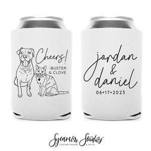 Enfriador de latas para boda n.° 213R - Ilustración de mascota personalizada - Saludos - Recuerdos de boda, portavasos, recuerdo de boda, soporte para latas, aislante para latas