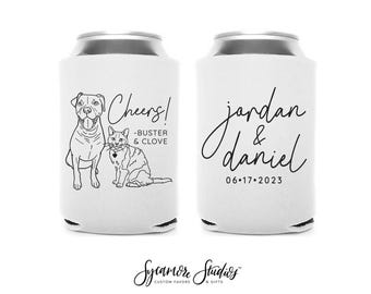 Wedding Can Cooler #213R - Custom Pet Illustration - Cheers - Wedding Favors, Beverage Holder, Wedding Favor, Can Holder, Can Insulator