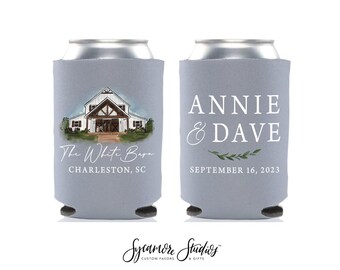 Wedding Can Cooler #4FR - Full Color - Custom Watercolor Venue - Venue Can Coolers, Wedding Favors, Beer Huggers, Wedding Favor, Beer Holder