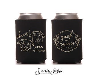 Cheers - Wedding Can Cooler #221R - Custom Pet Illustration - Wedding Favors, Wedding Favor, Can Holder, Pet Portrait, Drawing, Bride Gift
