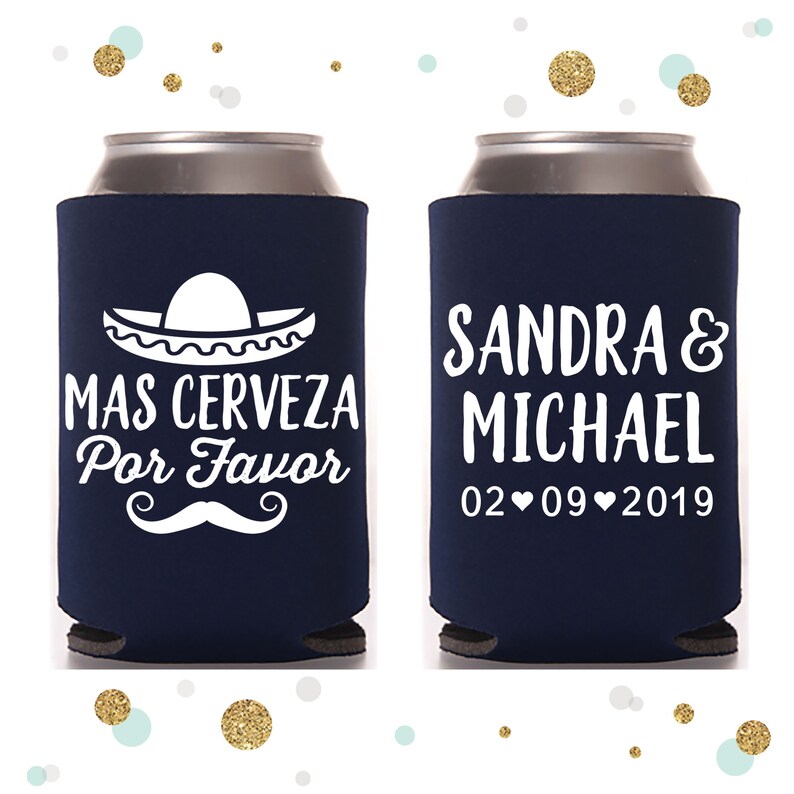 Beer Huggers Wedding Can Cooler #115 Wedding Favors Mas Cerveza Por Favor Personalized and Custom Beverage Insulators
