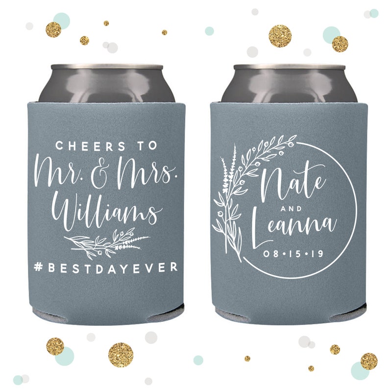 Cheers to The Mr and Mrs - Wedding Can Cooler #140R - Custom - Wedding Favors, Beverage Insulators, Beer Huggers, Wedding Favor, Beer Holder 