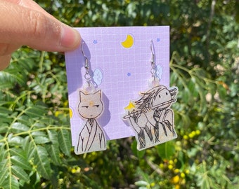 Kawaii White Snake & Fox Yokai Anime Earrings, Subtle Anime Jewelry, White Gold Flaked Anime Earrings - READ DESCRIPTION