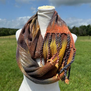Infinity scarf &quot;Harvest Sweets&quot; fringe cotton handwoven