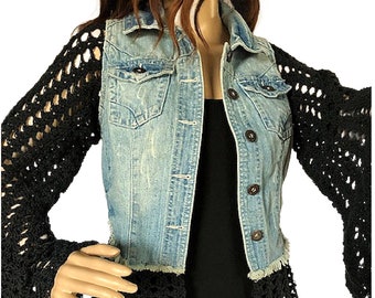 Denim vest with crocheted bell sleeves and bottom trim