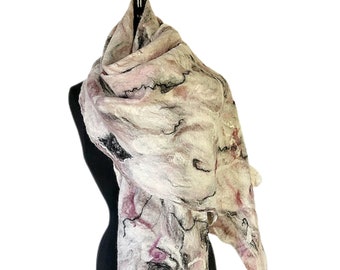 Vintage Style Felted Scarf, Nuno Wrap, Silk Felted Wrap, Felted Shawl, Wedding Bridal Wrap, Pink, White, Black Graceful Ewe Fiber Arts