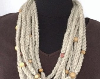 Beaded Infinity Scarf, Infinity Rope Scarf, Crocheted Women's Beaded Cowl, Beaded Cowl, Women's Accessories, Brown Beaded Rope N...