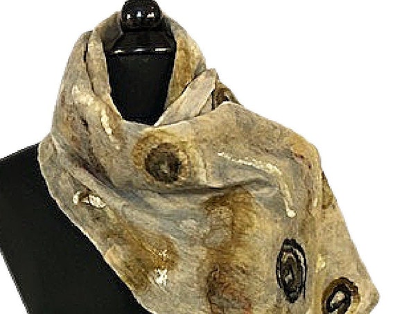 Earthtone Felted Wrap, Felted Scarf, Felted Silk Scarf, Natural colored Scarf, Wearable Art, Fashion Accessories, Graceful Ewe Fiber Arts
