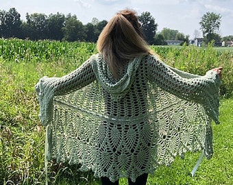 Sage Green crocheted long festival sweater, Crocheted festival jacket, Fairy sweater, Renaissance festival sweater, Graceful Ewe Fiber Arts