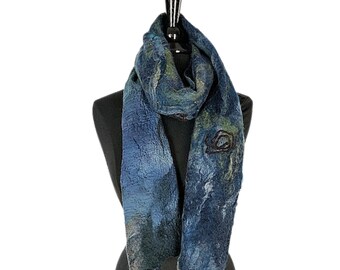 Denim Blue Green Felt Scarf, Blue Felted Wrap, Nuno felted scarf, Giftforher, Wedding/Bridal accessories, GracefulEweFiberArts, Starry night