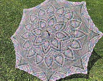 Multi-colored crocheted parasol, Rainbow crocheted parasol, Crochet sun umbrella, Vintage-style parasol, Sun umbrella, GracefulEweFiberArts