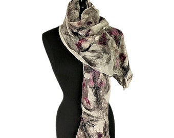 Gray White Pink Wrap, Felted Wrap, Felted Scarf, Wedding Accessories, Bridal Accessories, Gifts for Her, GracefulEweFiberArts: Intrigue