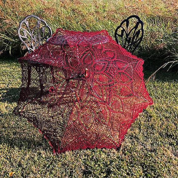 Burgundy/Maroon crocheted parasol, Bridal parasol, Maroon sun umbrella, Vintage style parasol, Wedding accessory, GracefulEweFiberArts