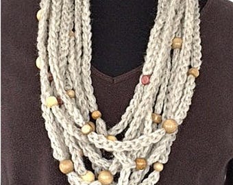 Beaded Infinity Scarf, Infinity Rope Scarf, Crocheted Women&#39;s Beaded Cowl, Beaded Cowl, Women&#39;s Accessories, Brown Beaded Rope N...