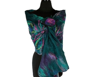 Peacock-Inspired Handmade Felted Scarf/Wrap, Women's fashion accessories, Nuno felted wrap, Felted scarf, Gift for her, GracefulEweFiberArts