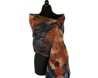 Blue & Orange felted scarf, Blue felted wrap, Nuno felted scarf/wrap, Giftsforher, Women's accessories, GracefulEweFiberArts: PeacefulEarth