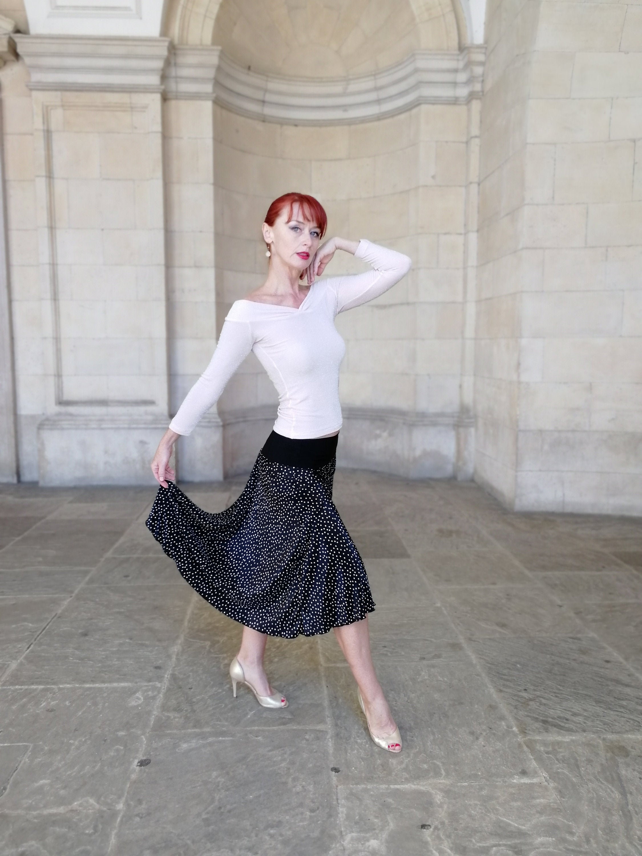 Image of Dance Skirt, Tango Demi - Full Circle Ballroom Summer Dotty Pleated Skirt