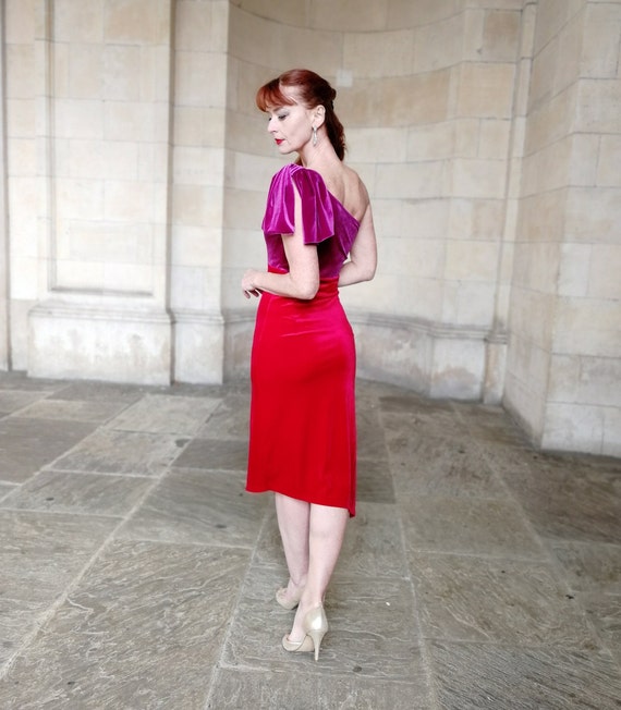 one shoulder red velvet dress Amelia Couture 6117s Dress One Shoulder Ruched Fitted Cocktail Royal Blue / 12