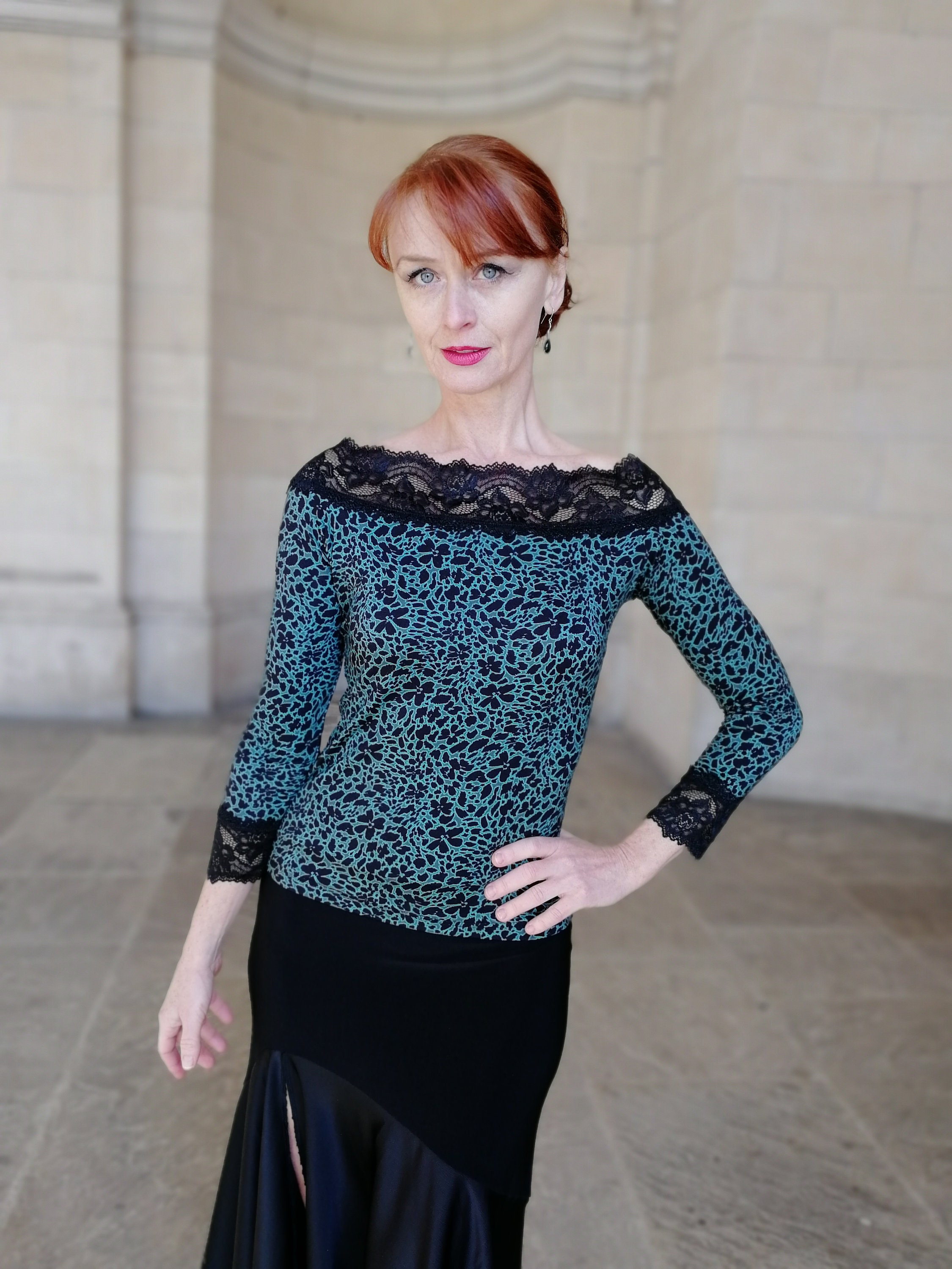 Image of Dance Top, / Sleeve Bardot Off Shoulder Tango Jersey Sleeve Lace Top