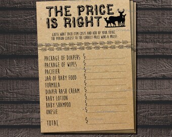 The Price is Right Baby Shower Game, Woodland Animal Theme, Kraft Paper background, Printable file, Rustic, Deer Theme