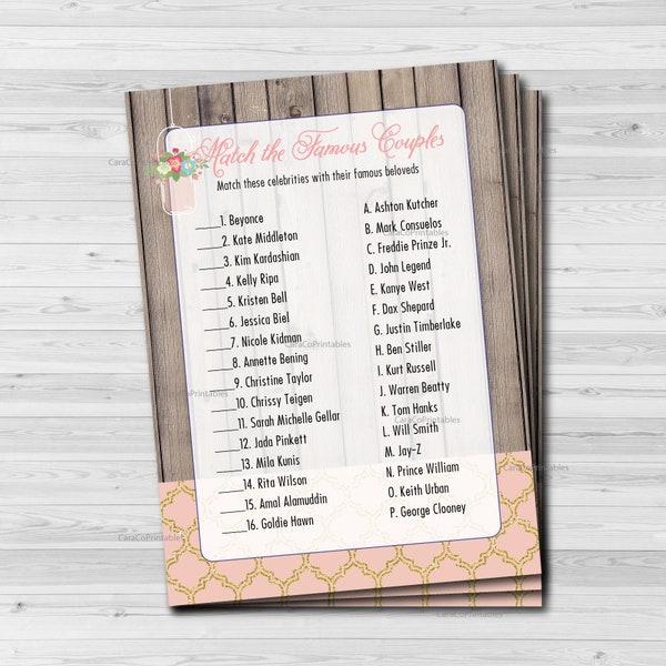 Celebrity Couples Matching Game, Famous Couples Bridal Shower Game, Printable File, Rustic Summer Theme, Mason Jars, Lanterns, Floral