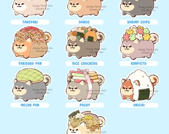 Japanese Snack Shiba - Mix n' Match 10 Cute Treat Dog Designs (Takoyaki, Dango, Shrimp Chips, Ramen, Pocky, Onigiri, Melon Pan, etc.)