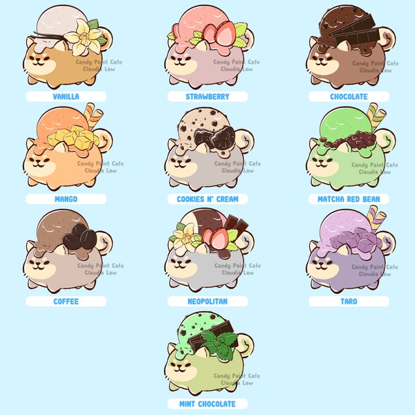 Ice Cream Shibas - Mix n' Match 10 Cute Dog Designs (Vanilla, Strawberry, Chocolate, Mango, Cookies N' Cream, Matcha Red Bean, Coffee, etc.)